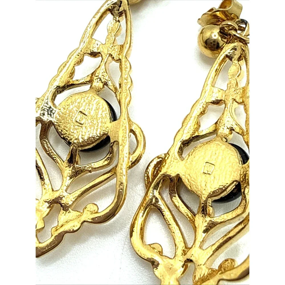Vintage AVON 1991 GENTLE DRAMA Earrings Gold Tone Black Accent Victorian Style